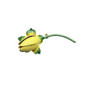Vintage Sandor 1970s Enamel Flower Brooch Pin Yellow Tulip Rose Bud